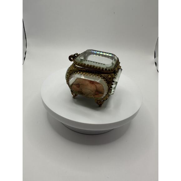 Antique French Ormolu Gilded Bronze Beveled Glass Jewelry Casket Ring Box Pillow - Picture 6 of 11